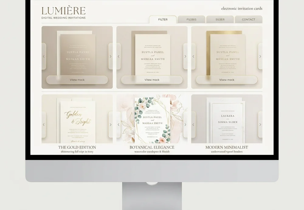 A refined, luxurious design catalog website interface for Pozivnice Online, showcasing premium digital wedding invitations. The UI exhibits elegant designs with real-time RSVP confirmations, background music, countdown timers, and integrated Google Maps, styled with Cormorant Garamond typography and soft glassmorphism.